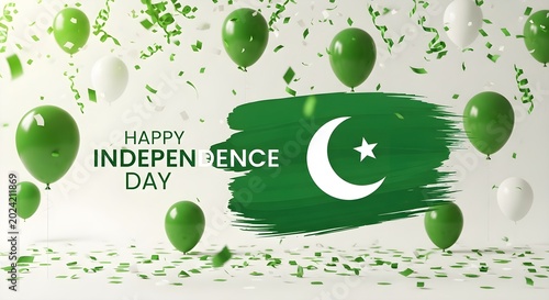 Pakistan Independence Day celebration background, green and white balloons with confetti, national flag brush stroke with crescent and star