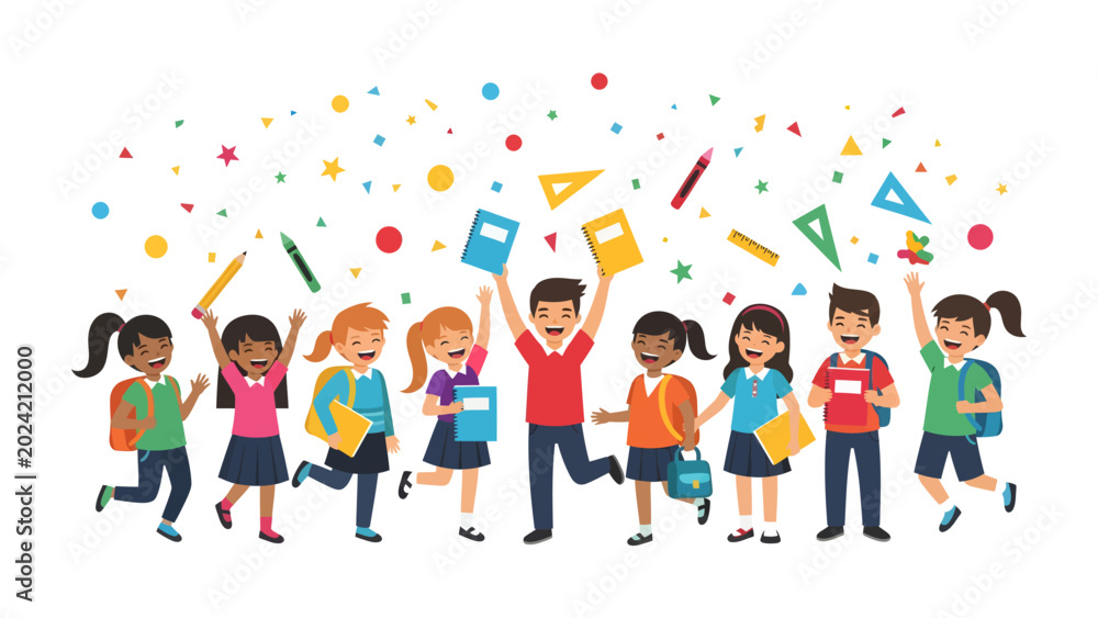 Fototapeta premium Back to School Celebration: A vibrant illustration depicts a diverse group of cheerful schoolchildren holding books and backpacks.