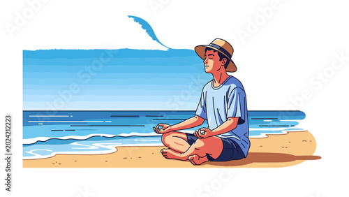 Slika na platnu Meditating by the Sea: A serene person sits in a meditative pose on a sandy beach, eyes closed in peaceful contemplation as gentle waves lap at the shore under a clear blue sky