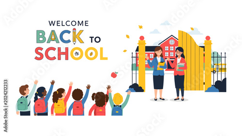 Konstfotografi Welcome Back to School: A vibrant illustration depicting excited children with backpacks raising their hands, welcoming the start of the new school year, while teachers stand by the school gates