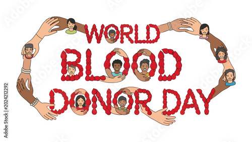Tableau sur toile World Blood Donor Day Illustration: A vibrant graphic illustration for World Blood Donor Day, featuring the text formed by diverse hands and faces, symbolizing unity and the gift of life