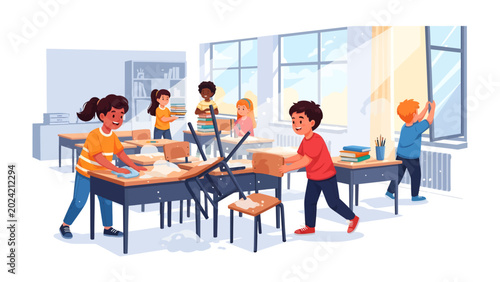 Valokuva Classroom Cleanup Crew: A group of cheerful children work together to tidy up their classroom, organizing desks and chairs after a day of learning
