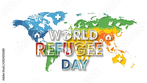 Quadro em tela World Refugee Day Map: A vibrant world map graphic symbolizing global unity and support for refugees on World Refugee Day, featuring diverse colors and icons representing hope and safety