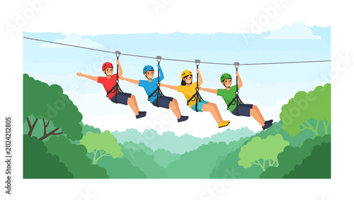Quadro em tela Ziplining Adventure through the Canopy: A group of four friends, clad in colorful helmets and harnesses, experience the thrill of ziplining side-by-side, soaring above a lush
