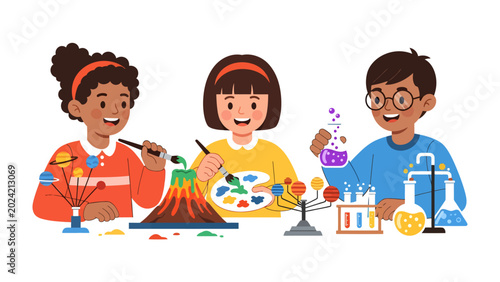 Canvastavla Young Scientists Exploring: Three curious children engage in a hands-on science project, demonstrating their fascination with learning and discovery through a solar system model, a volcano experiment