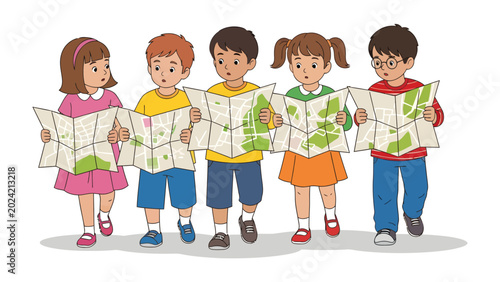 Foto Children with Maps: A group of five diverse children, engrossed in unfolded maps, embark on an imaginative journey of discovery, their expressions hinting at curiosity and wonder