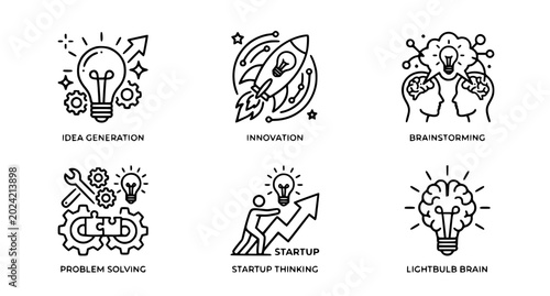Bold idea icon set with creativity and strategic thinking symbols