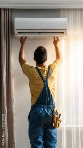 Modern HVAC Technician Installing Air Conditioner in Stylish Home
