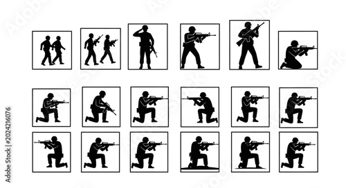 Quadro su tela Silhouette Soldiers with Rifles: Military Action Poses Collection