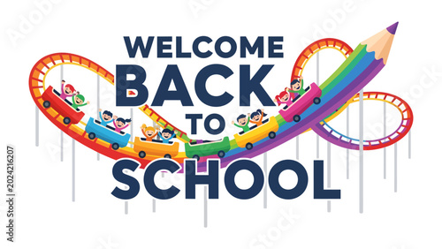 Tableau sur toile Welcome Back to School: A whimsical illustration depicts children riding a colorful roller coaster, signifying the exciting return to school, with a giant rainbow pencil soaring high above