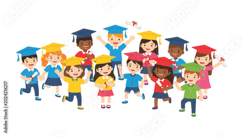 Graduation Celebration: A joyful group of diverse children, wearing graduation caps and gowns, celebrate their academic achievements.