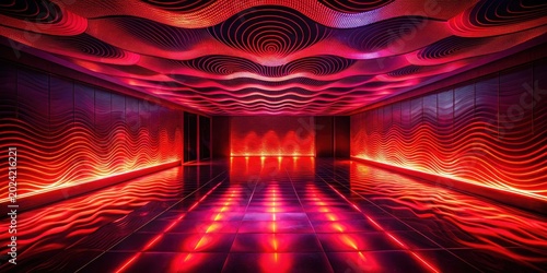 Intense Red Illumination in a Modern Architectural Space with Wave-Shaped Panels and Reflective Floor
