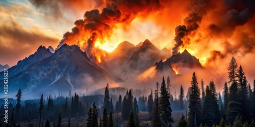 Fiery Sunset Embraces Majestic Peaks, Smoke and Clouds Dance in a Dramatic Display of Nature's Power
