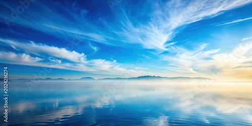 Serene waters reflecting a breathtaking sunrise sky, with misty mountains in the distance creating a tranquil and peaceful landscape