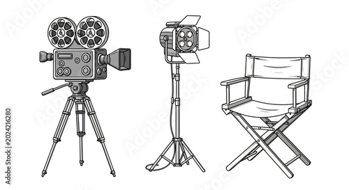 Fotografija Film cameras, lighting, and director chair icons, vector graphics, film producti