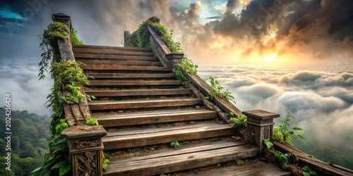 Wooden Steps Ascending into a Dreamlike Sunrise Over a Sea of Clouds