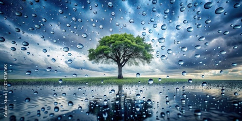 A solitary tree stands resilient amidst a downpour, its reflection mirroring the vibrant sky and countless raindrops.