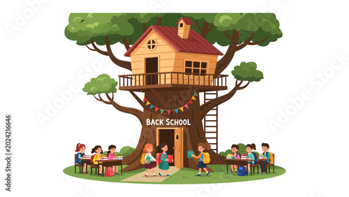 Schilderij op canvas Back to School Treehouse Adventure: Children gather around a whimsical treehouse decorated with Back to School banners and colorful bunting, ready for a day of learning and fun in a vibrant