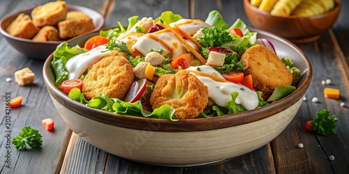 A Delicious and Healthy Salad with Crispy Fried Bites, Fresh Vegetables, and Creamy Dressing in a Rustic Bowl