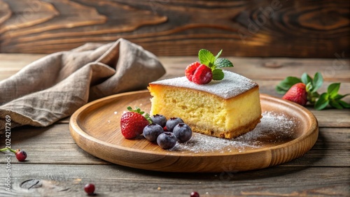 A delectable slice of creamy cake, delicately dusted with powdered sugar, adorned with fresh berries and a sprig of mint, rests on a rustic wooden plate