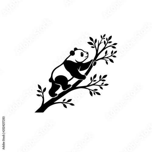 Cute Giant Panda Climbing Tree Branch Black and White Vector Illustration
