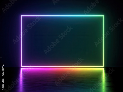 Neon light frame shines in a dark room with a shiny floor and empty background inviting creativity and design work
