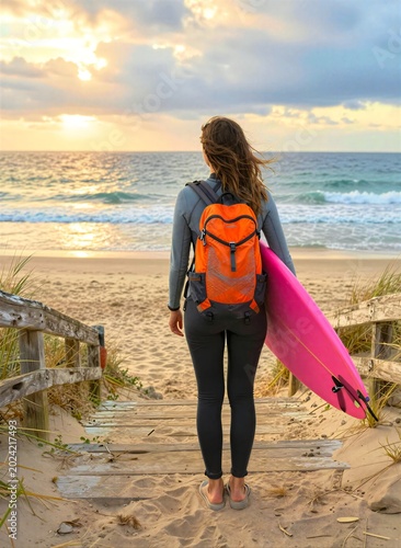 Captures Young Adult Female Standing On Wooden Staircase Leading Towards Beach To Late Afternoon Early Evening As Indicated By Warm Golden Hues In