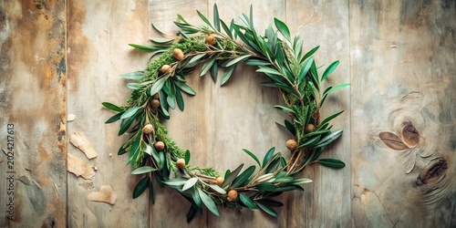 Rustic Evergreen Wreath with Natural Accents on Weathered Wood Background