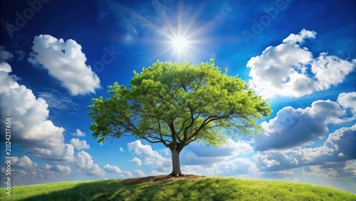 A solitary tree stands majestically on a verdant knoll, bathed in the warm glow of a radiant sun against a vibrant backdrop of a blue sky adorned with fluffy clouds.