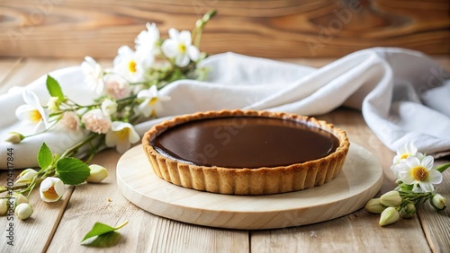 A delectable chocolate tart, resting on a simple wooden board, is adorned with delicate white blossoms, creating a serene and inviting culinary scene.
