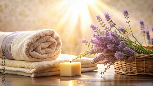 Serene Spa Setting with Rolled Towels, Aromatic Lavender, and a Scented Candle in Soft Sunlight