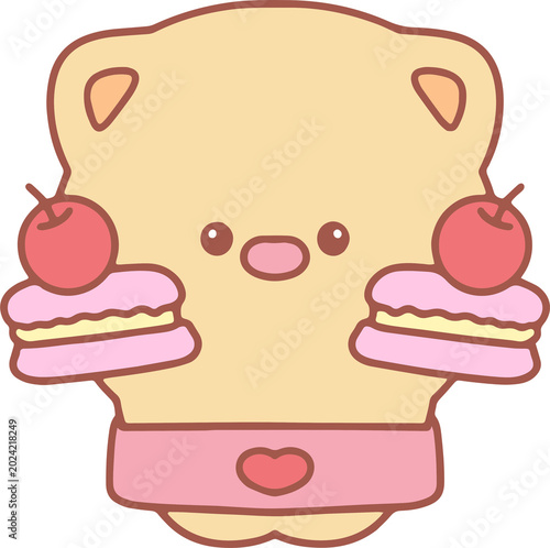 Cute Cartoon Bear Holding Cupcakes and Cherries