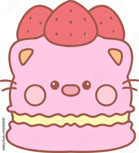 Adorable Pink Cat Macaron with Strawberries