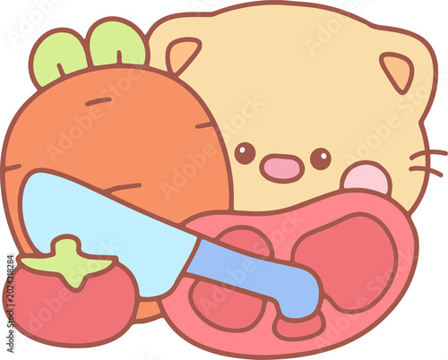 Cute Cartoon Character with Foods and Knife
