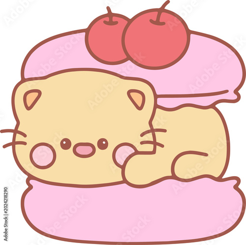 Adorable Cat Peeking from Cute Macaron Dessert