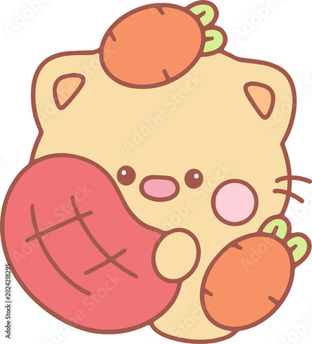 Cute Cartoon Cat with Food and Carrots