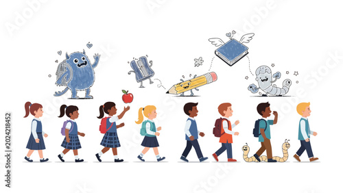 Konstfotografi Back to School Adventure: A whimsical illustration depicts a line of schoolchildren, each with a backpack, walking alongside playful cartoon characters like a friendly monster, a flying book