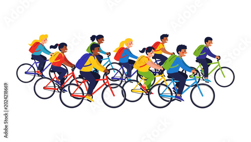 Kids on Bikes, School Outing: A vibrant illustration depicts a diverse group of children joyfully riding bicycles, their backpacks indicating a school trip or commute.
