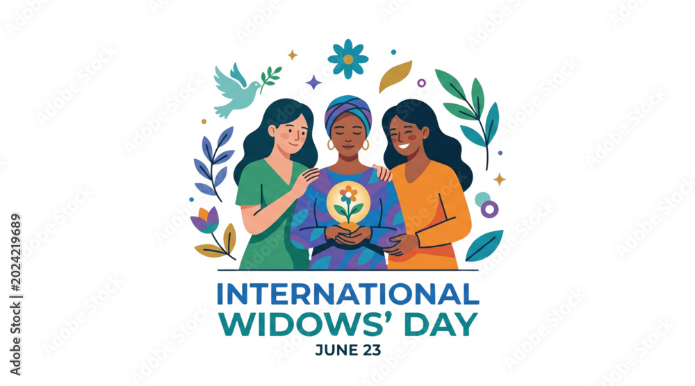 Fototapeta premium International Widows Day awareness vector illustration with supportive women unity compassion empowerment diversity and community care concept isolated transparent background