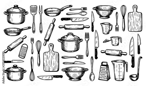 Canvastavla Vintage kitchen utensils sketch collection hand drawn culinary tools