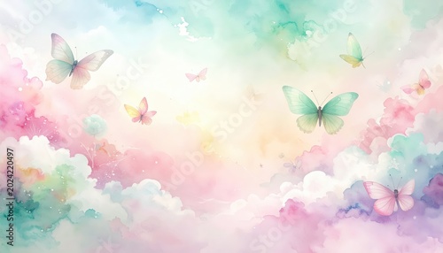 Ethereal Watercolor Butterfly Dreamscape Background with Soft Pastel Clouds and Magical Flying Silhouettes, Whimsical Fantasy Art