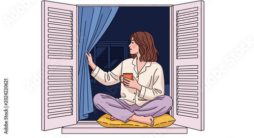 Foto Woman sitting on windowsill, looking out, holding coffee cup, nighttime scene, v
