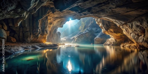 A Sunlit Cave Entrance Reveals a Serene Underground Lake Reflecting the Celestial Light