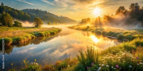 Golden Sunrise Over Serene River Valley Landscape with Mist and Blooming Flora