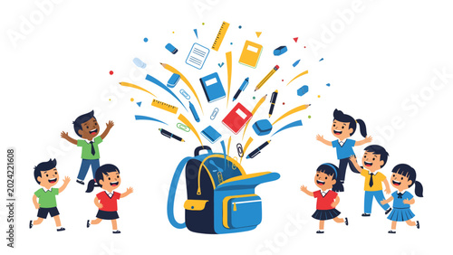 Bild auf Leinwand Excitement for School: A group of happy children enthusiastically surrounds an open backpack spilling out school supplies, symbolizing the joy and anticipation of learning and discovery