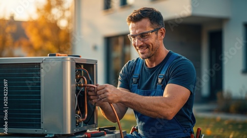 A man is fixing an air conditioning unit in the yard of a house. He is wearing protective glasses and working with tools. The sun is setting and trees are in the background