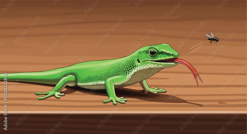 Fototapeta premium Cartoon green lizard on wood planks, mid-strike, catching a fly with its red tongue