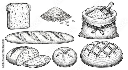 Foto Bread, bakery, food icons, 8 elements, vector illustration, black and white, flo
