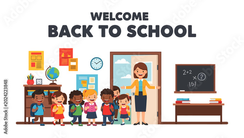 Schilderij op canvas Welcome Back to School: A cheerful teacher welcomes a diverse group of excited students at the entrance of a classroom, ready for a new academic year filled with learning and discovery