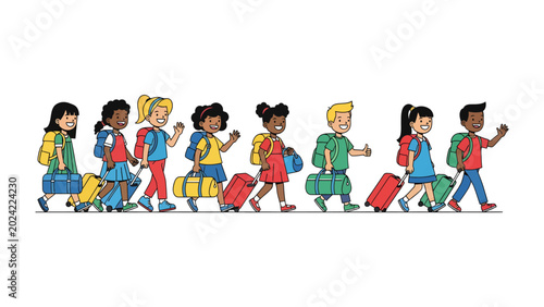 Εκτύπωση καμβά Children's Vacation Adventure: A line of diverse children, each with luggage, happily embark on a vacation or school trip, ready for adventure and new experiences